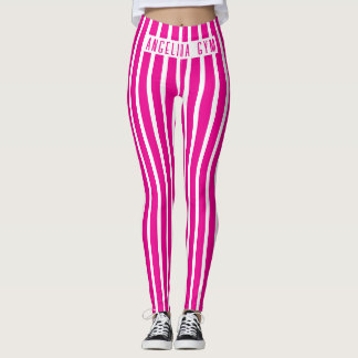 Aangepaste naam Gym Roze en Witte Verticale Strepe Leggings