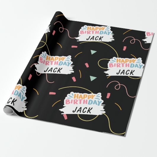 Aangepaste naam Happy Birthday Black Cadeaupapier (Uitgerold)