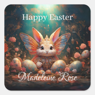 Aangepaste naam Happy Easter Bunny met paaseieren Vierkante Sticker