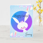Aangepaste Naam HAPPY EASTER Schattige Bunny Blue  Kaart (Gele Bloem)