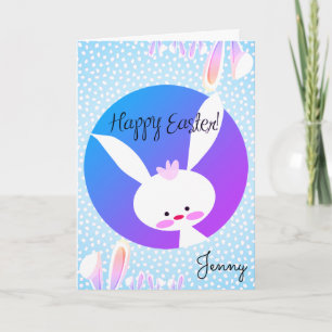 Aangepaste Naam HAPPY EASTER Schattige Bunny Blue  Kaart