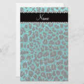 Aangepaste naam heldere aqua glitter leopard print briefpapier (Voorkant / Achterkant)