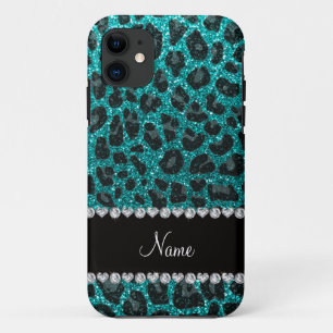 Aangepaste naam heldere aqua glitter leopard print iPhone 11 hoesje
