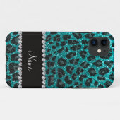 Aangepaste naam heldere aqua glitter leopard print Case-Mate iPhone case (Achterkant (horizontaal))