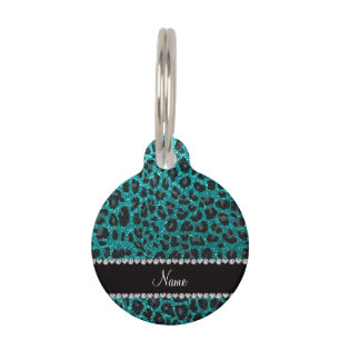 Aangepaste naam heldere aqua glitter leopard print huisdierpenning