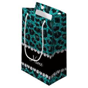 Aangepaste naam heldere aqua glitter leopard print klein cadeauzakje