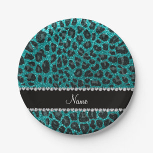 Aangepaste naam heldere aqua glitter leopard print papieren bordje