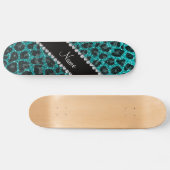 Aangepaste naam heldere aqua glitter leopard print skateboard (Horizontaal)