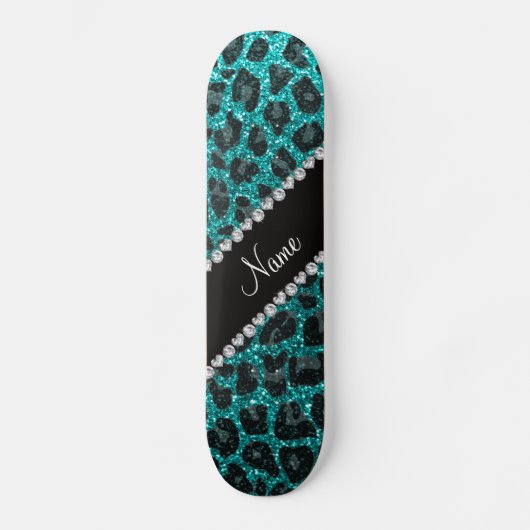 Aangepaste naam heldere aqua glitter leopard print skateboard (Voorkant)