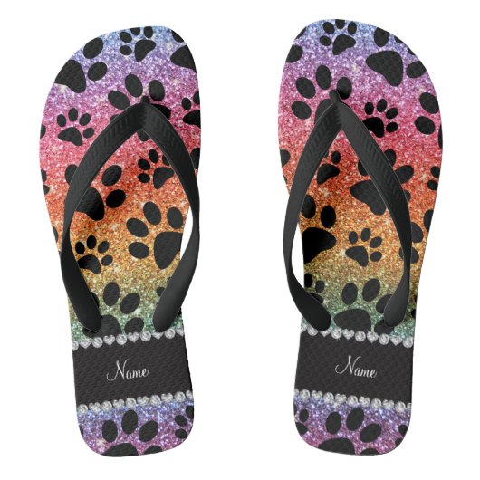 Aangepaste naam heldere regenbooglitter zwarte hon teenslippers (Voetbed)