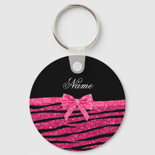 Aangepaste naam hete roze glitterzebrastriboog sleutelhanger