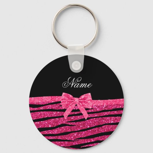 Aangepaste naam hete roze glitterzebrastriboog sleutelhanger (Voorkant)