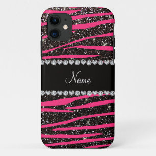 Aangepaste naam hete roze zebrastrepen zwarte glit iPhone 11 hoesje