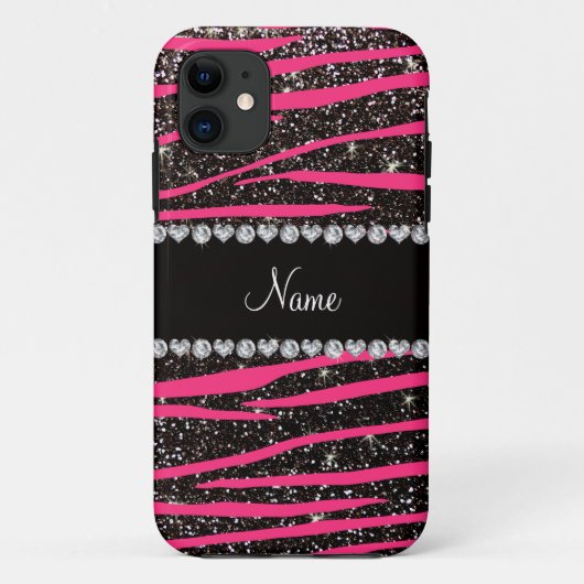 Aangepaste naam hete roze zebrastrepen zwarte glit Case-Mate iPhone case (Achterkant)