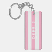 Aangepaste naam horizontale strepen roze & wit sleutelhanger (Voorkant Links)
