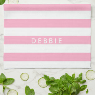Aangepaste naam horizontale strepen roze & wit theedoek