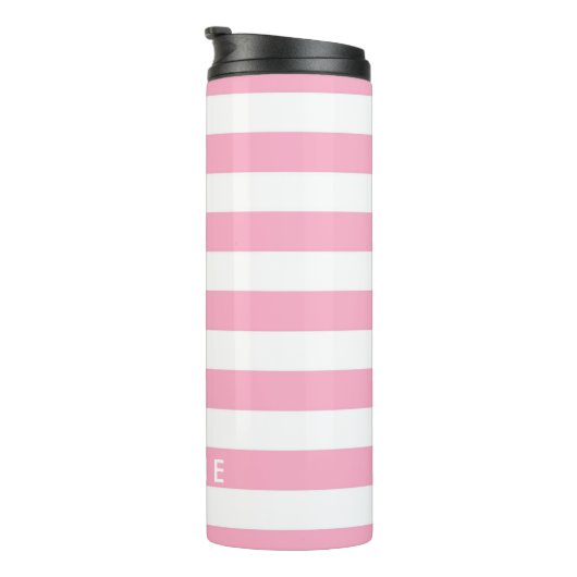 Aangepaste naam horizontale strepen roze & wit thermosbeker (Geroteerd rechts)