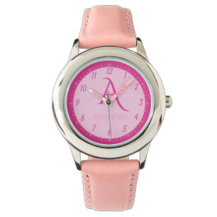 Aangepaste naam Hot Pink Kinder Monogram Leren Horloge