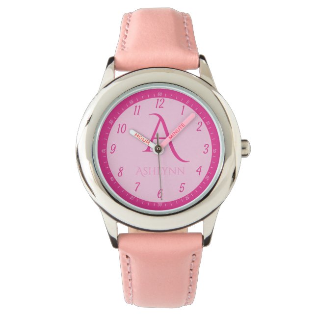 Aangepaste naam Hot Pink Kinder Monogram Leren Horloge (Voorkant)
