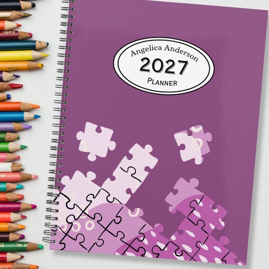 Aangepaste naam jaar puzzelstukken Paarse planner