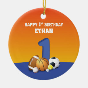 Aangepaste naam jongen 1st Birthday Sports Balls Keramisch Ornament