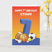 Aangepaste naam jongen 7th Birthday Sports Balls Kaart (Gele Bloem)