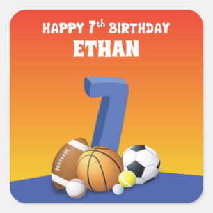 Aangepaste naam jongen 7th Birthday Sports Balls Vierkante Sticker