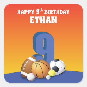 Aangepaste naam jongen 9th Birthday Sports Balls Vierkante Sticker