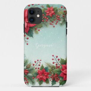 Aangepaste Naam Kerst Bloemen Waterverf Poinsettia iPhone 11 Hoesje