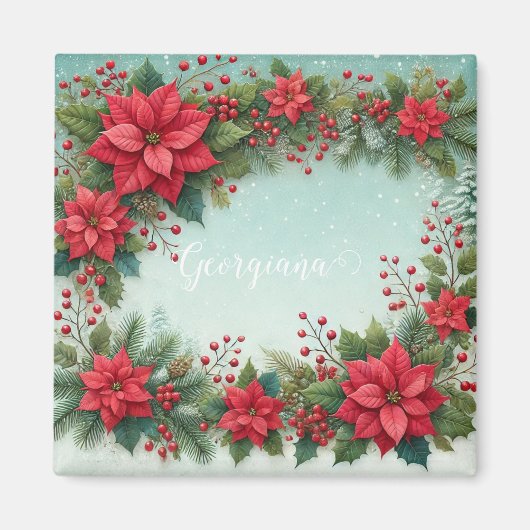 Aangepaste Naam Kerst Bloemen Waterverf Poinsettia Magneet (Voorkant)