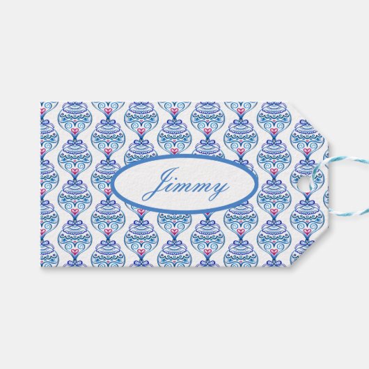 Aangepaste naam Kerst ornamenten in blauw Cadeaulabel (Voorkant (Horizontaal))