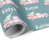 Aangepaste Naam Kerstboom Roze  Truck Cadeaupapier (Rol Hoek)