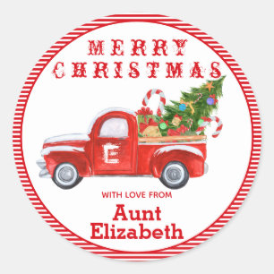 Aangepaste naam  kerstfeestdag met rood vrachtwage ronde sticker