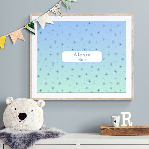 Aangepaste naam kinderkamer decor blauwe bloemen poster
