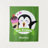 Aangepaste naam & kleur Ice Cream Penguin tapestry Wandkleed (Voorkant)