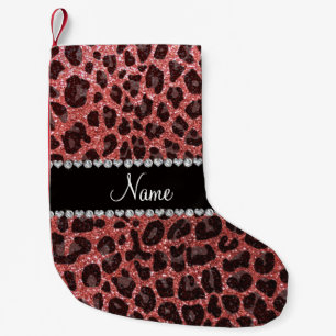 Aangepaste naam koraalroze glitter leopard print kleine kerstsok
