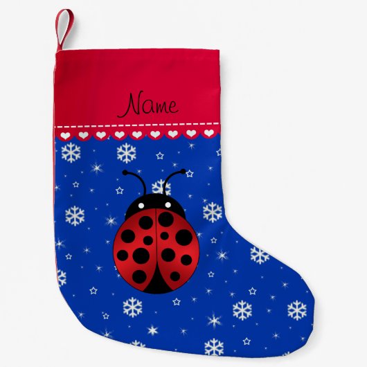 Aangepaste naam ladybug blauwe sneeuwvlokken rode  kleine kerstsok (Voorkant)