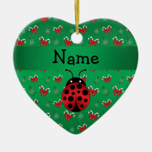 Aangepaste naam ladybug groene snoepsnoeren keramisch ornament