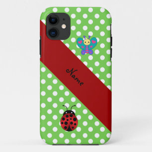 Aangepaste naam ladybug-vlindergroene polka-stippe iPhone 11 hoesje