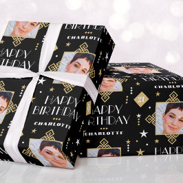 Aangepaste naam Leeftijd Foto Art Deco Birthday Bl Cadeaupapier