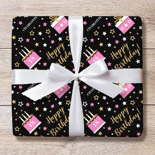 Aangepaste naam leeftijd verjaardagstaart Roze Zwa Cadeaupapier