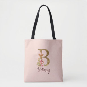 Aangepaste naam letter B goud folie roze rozen Draagtas