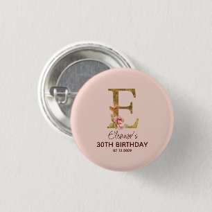 Aangepaste naam Letter E Goud Blush Roze Rozen Kno Ronde Button 3,2 Cm