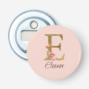 Aangepaste naam letter E goud folie roze rozen Button Flesopener