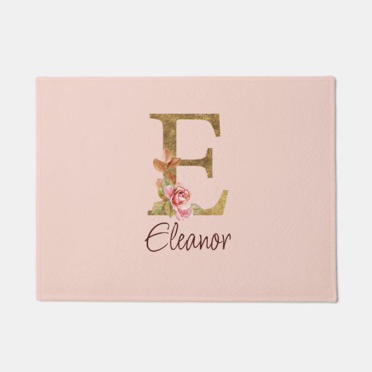 Aangepaste naam letter E goud folie roze rozen Deurmat (Voorkant)