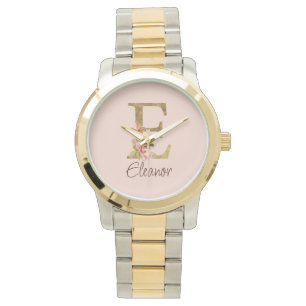 Aangepaste naam letter E goud folie roze rozen Horloge