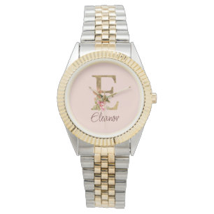 Aangepaste naam letter E goud folie roze rozen Horloge