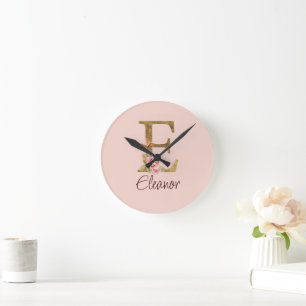 Aangepaste naam letter E goud folie roze rozen Ronde Klok