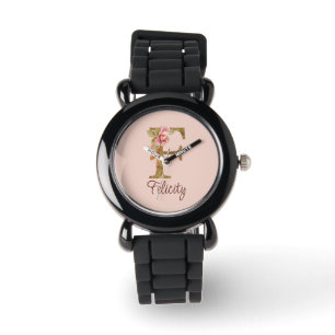 Aangepaste Naam Letter F Gold Folie Blush Pink Ros Horloge