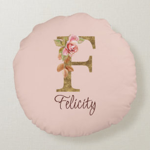 Aangepaste Naam Letter F Gold Folie Blush Pink Ros Rond Kussen